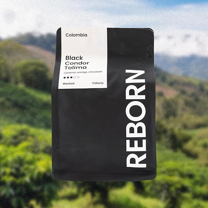 Reborn Coffee Specialty Whole Bean Coffee, Medium Roast, 12 Ounce, Colombia Black Condor Tolima, Flavor Notes of Chocolate, Nut, and Citrus