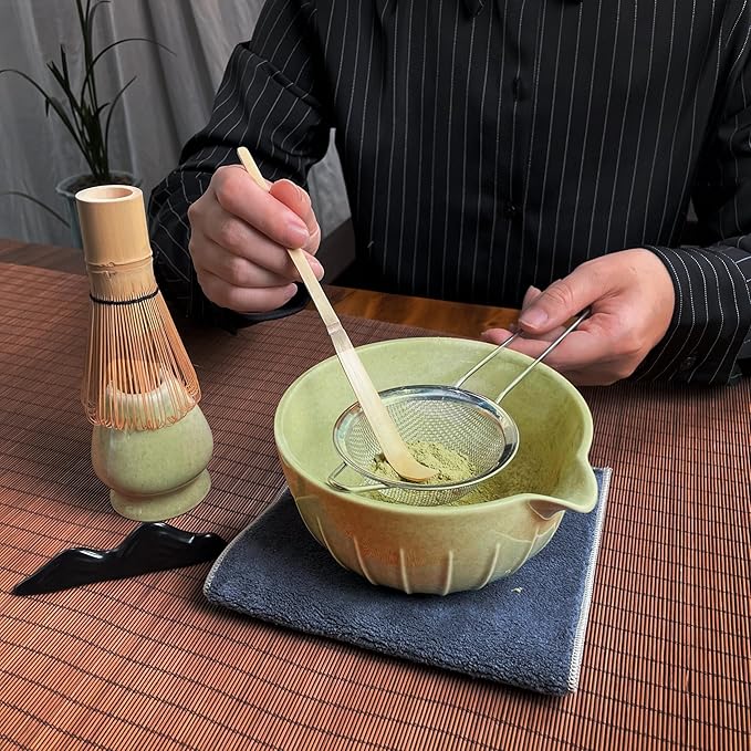 Matcha Whisk Set (7pcs) - Matcha Set with Whisk,Pouring Spout Bowl(15oz),Chasen Holder,Powder Sifter,Bamboo Scoop with Stand,Tea Cloth,Perfect Tools Kit for Tea Ceremony(Celadon Green)