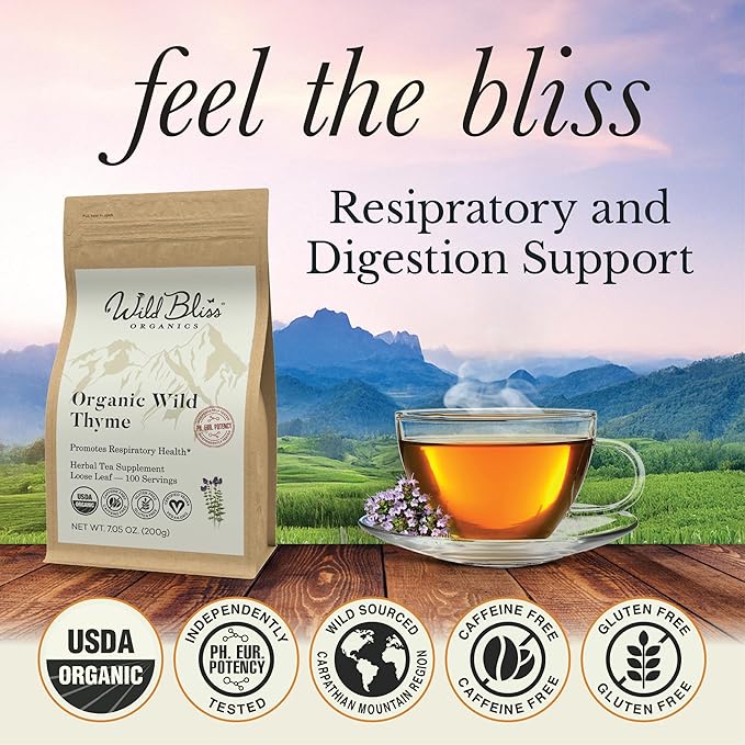 Wild Bliss Organic Wild Breckland Thyme Tea - Caffeine Free Loose Leaf Herbal Tea - Resipratory and Digestion Support - 7.05 Oz - 100 Servings