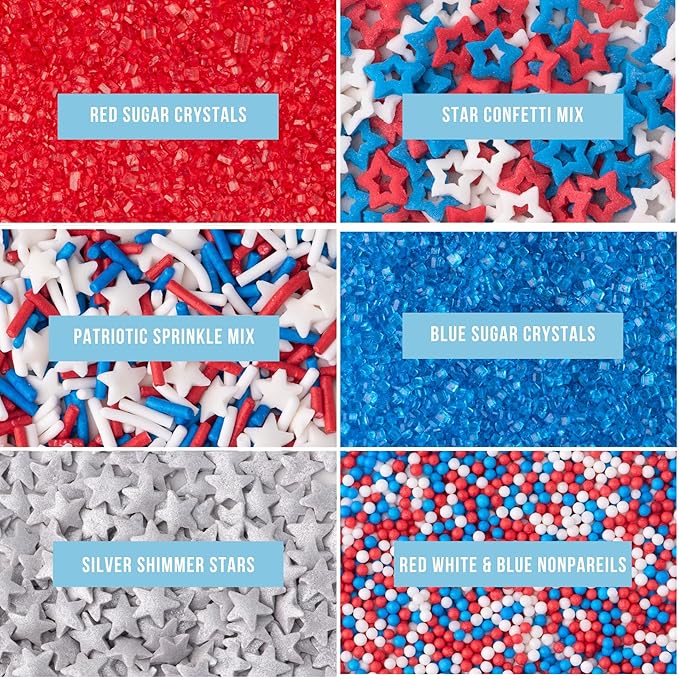 Sweets Indeed Sprinkles 6 Cell Edible Sprinkle Mix Jimmies Perfect for Cake Decorations Baking Ice Cream Cookies Cupcake Topper (Patriotic)