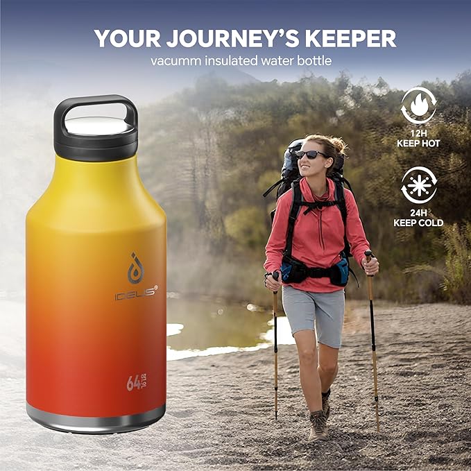IDEUS Insulated Stainless Steel Water Bottle with 2 Leak-Proof Lids, Thermal Water Flask for Hiking Biking, 64oz, Yellow