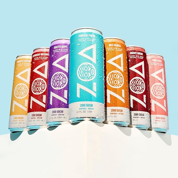 ZOA Zero Sugar Energy Drinks, Tropical Punch - Sugar Free with Electrolytes, Healthy Vitamin C, Amino Acids, Essential B-Vitamins, and Caffeine from Green Tea - 16 Fl Oz (12-Pack)