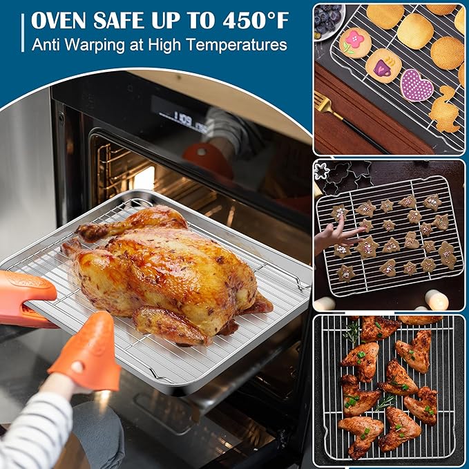 E-far Baking Sheet with Wire Rack (2 Pans + 2 Racks), Large Stainless Steel Cookie Sheets Pan & Cooling Rack for Baking Cookies Cake, Non Toxic & Heavy Duty, Oven & Dishwasher Safe, 18 x 13 x 1 Inch