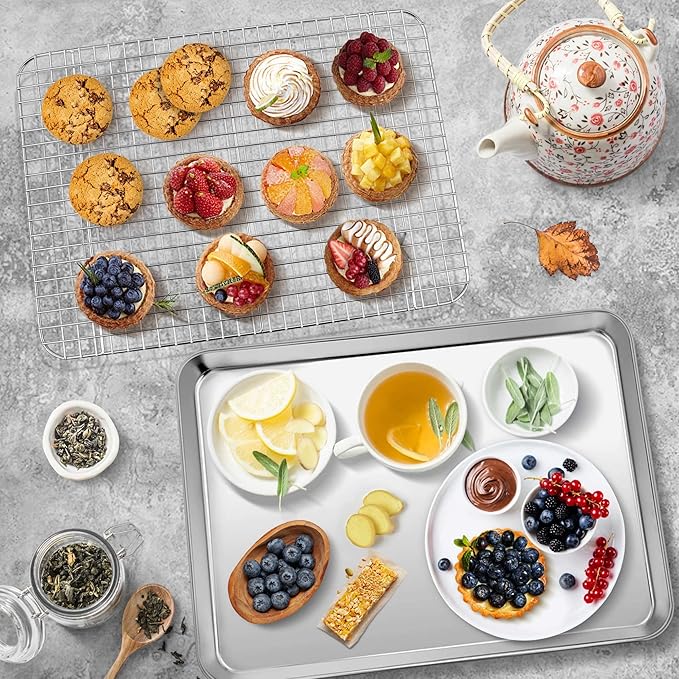 P&P CHEF 16 Inch Baking Sheet and Rack Set, Stainless Steel Cookie Sheets Oven Baking Pans Trays with Cooling Racks for Cooking & Roasting, Oven & Dishwasher Safe, (2Pcs)