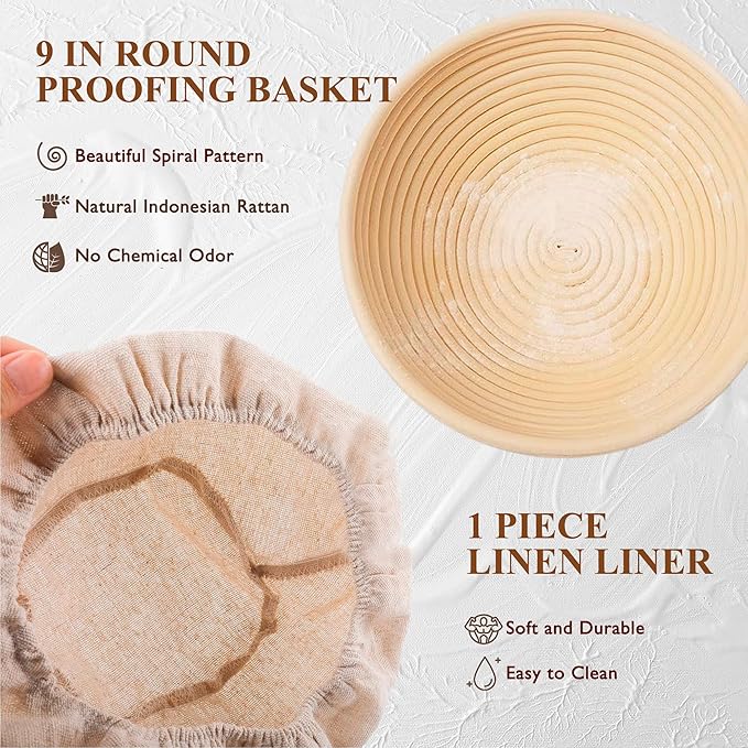 Complete Sourdough Starter Kit, Banneton Bread Proofing Basket with Glass Sourdough Starter Jar, Sourdough Bread Baking Supplies, 9'' Round Bread Proofing Basket, for Bread Making Baking Fermentation