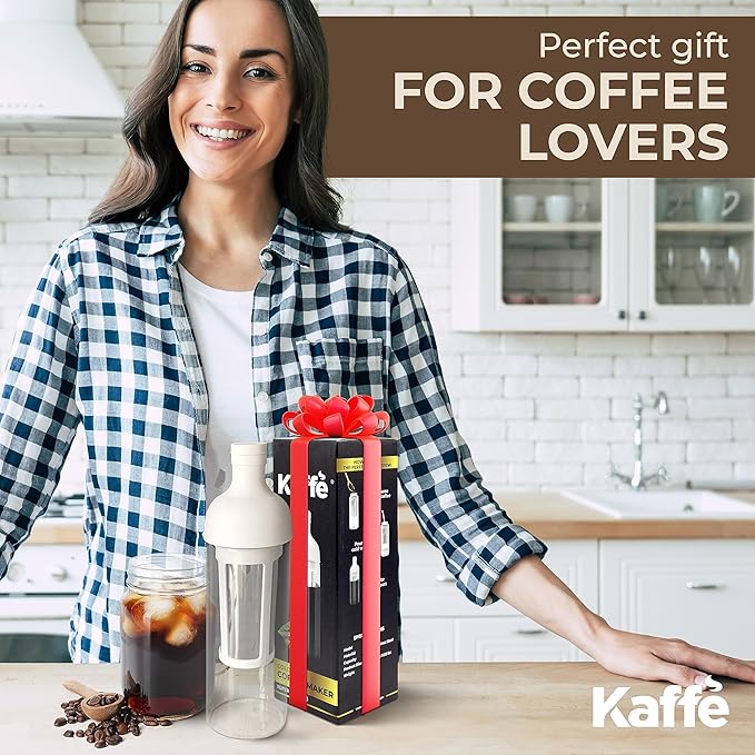 Kaffe Cold Brew Coffee Maker (38oz / 1L) - Borosilicate Glass, Airtight Seal & Dishwasher Safe - Iced Coffee Maker Bottle - Removable Mesh Filter - Up to 6 Cups of Cold Brew Coffee