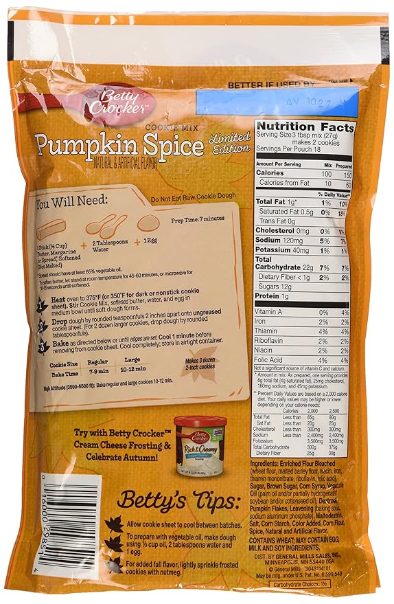 Betty Crocker, Pumpkin Spice Cookie Mix, 17.5oz Pouch (Pack of 4)