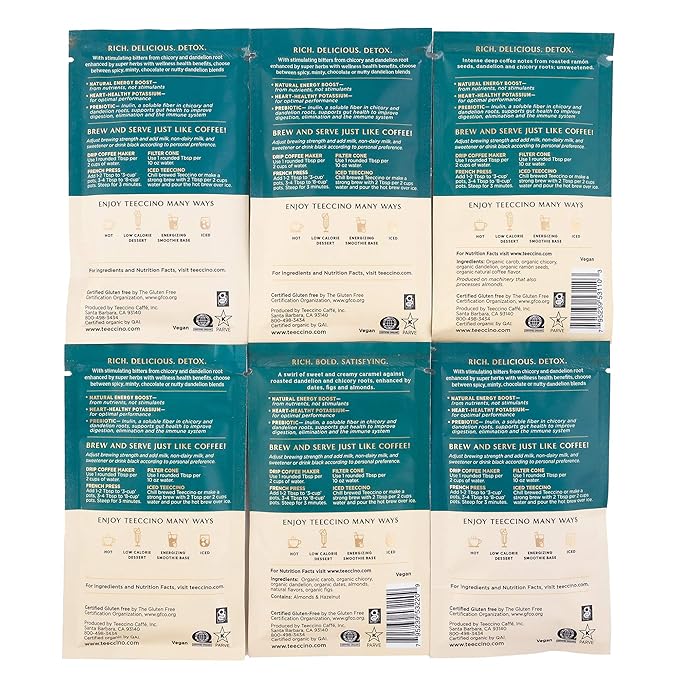 Teeccino Dandelion Root Herbal Coffee Sampler - Vanilla Nut, Mocha, Dark Roast, Mocha Mint, Caramel Nut, Coconut - Caffeine-Free Coffee Alternative with Prebiotics - 6 Trial Size Packets