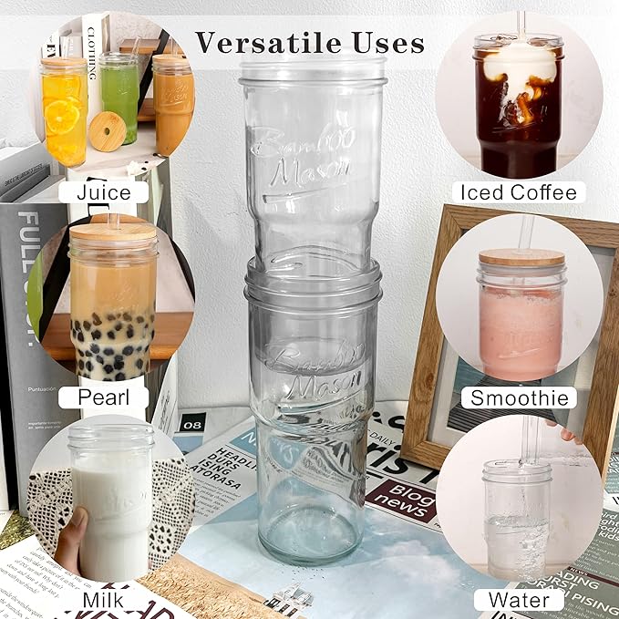 ANOTION Glass Cups with Lids and Straws 2 Packs, 24oz Travel Coffee Mug Wide Mouth Bamboo Mason Jar Iced Coffee Cup Smoothie Cup Glass Tumbler Tea Cup Clear Cute Water Cups Drinking Jars Glasses