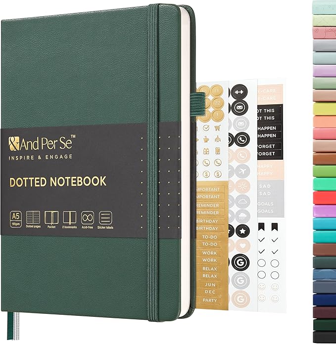 &And Per Se Dotted Journal Notebook, A5 Hardcover Leather Bullet Dotted Journal, 160 Pages 100 gsm Thick Dotted Paper，3 Sheets of Stickers Included - 5.7'' x 8''（Green）