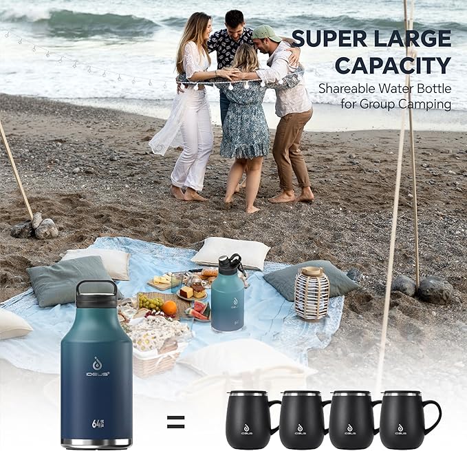 IDEUS Insulated Stainless Steel Water Bottle with 2 Leak-Proof Lids, Thermal Water Flask for Hiking Biking, 64oz, Green