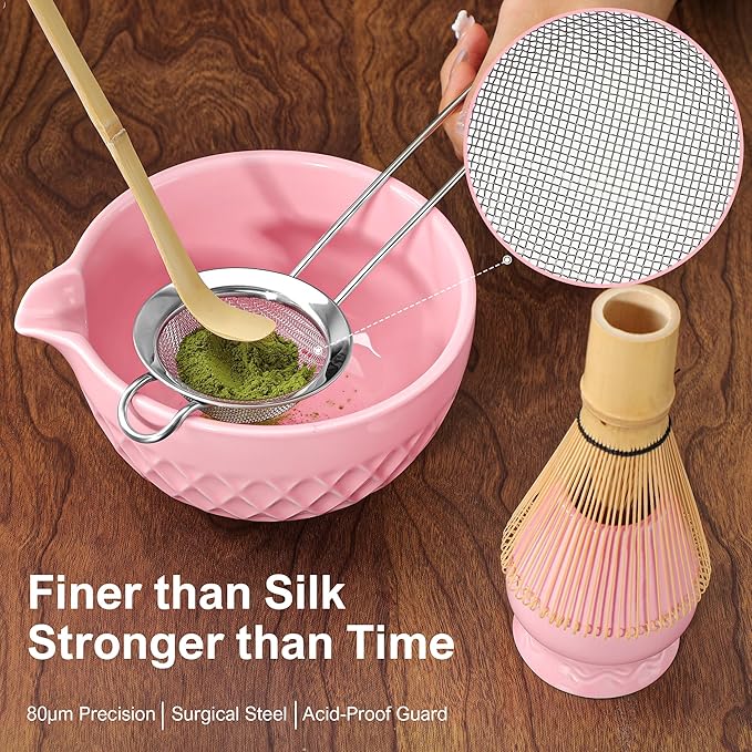 Matcha Whisk Set, 7 Pcs Matcha Kit, Ceramic Matcha Set Includes Matcha Bowl with Spout, Matcha Whisk and Holder, Bamboo Scoop, Scoop Rest, Sifter and Tea Towel (Cherry Blossom Pink)