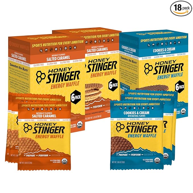 Honey Stinger Organic & Gluten Free Energy Waffle Variety Pack, 12 Salted Caramel and 6 Cookies & Cream Waffles, Nutritious Stroopwafel Snack for Exercise, Endurance and Performance