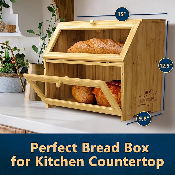 Bamboo Bread Box Space Saving Rustic Flat-Top Bread Bin for Countertop - Store Bread Cake and Baked Goods - 15 x 9.8 inches (2 Tier box)