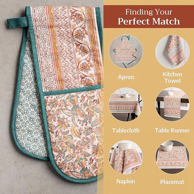 Maison d' Hermine Double Oven Mitts 100% Cotton 7"x35" Double Oven Mitt Heat Resistant BBQ Cooking Gloves with Loop, Baking, Grilling, Home, Kitchen, Handling Hot Pans (Nila)