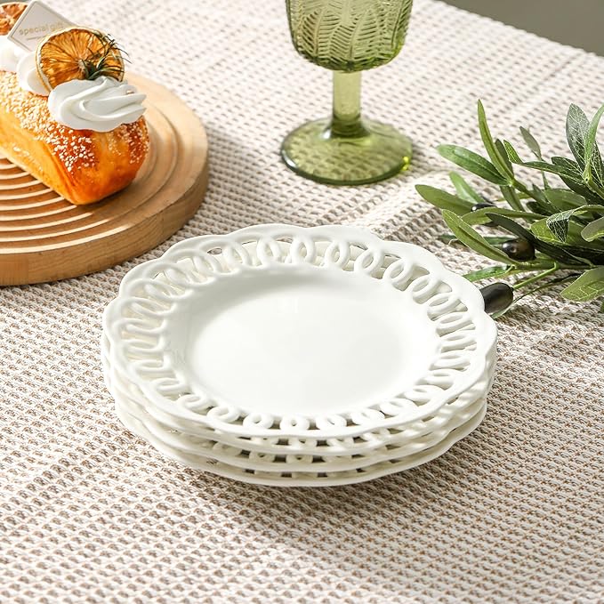 fMBB Round Appetizer Plate with Scalloped Edge Lace Rim, Set of 4, White 8 inch Ceramic Dessert Plates, Small for Cake Snack Side Dish, Microwave and Dishwasher Safe