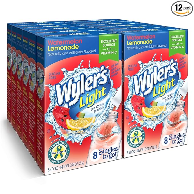 Wyler's Light Singles To Go Powder Packets, Water Drink Mix, Watermelon Lemonade, 96 Servings, 8 Count x Pack of 12