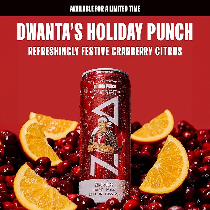 ZOA Zero Sugar Energy Drinks, Dwanta's Holiday Punch - Sugar Free with Electrolytes, Healthy Vitamin C, Amino Acids, Essential B-Vitamins, and Caffeine from Green Tea - 12 Fl Oz (12-Pack)