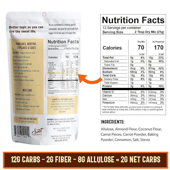 Sweet Logic Keto Baking Mix - Carrot Cake - Gluten-Free - Dairy Free - Diabetic-Friendly - High Protein - Allulose - Stevia - Low Sugar - Low Carb - Quick 20-Minute Prep (1-2G Carbs Per Serving)