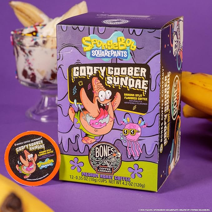 Bones Coffee Company Spongebob Goofy Goober Sundae, Banana Split Flavored Coffee Pods, Low Acid Medium Roast Single-Serve Bones Cups, Compatible with1.0 & 2.0 Capsule Brewers Coffee Maker, 12 Count
