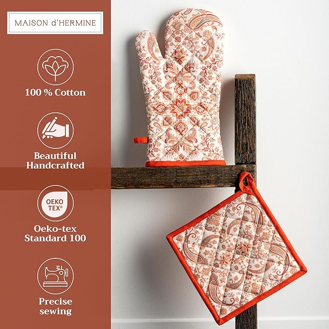Maison d' Hermine 100% Cotton Oven Mitt & Pot Holder Set (7.5"x13" & 8"x8") Heat Resistant BBQ Cooking Gloves with Loop, Baking, Grilling, Kitchen, Handling Hot Pans (Cachemire)