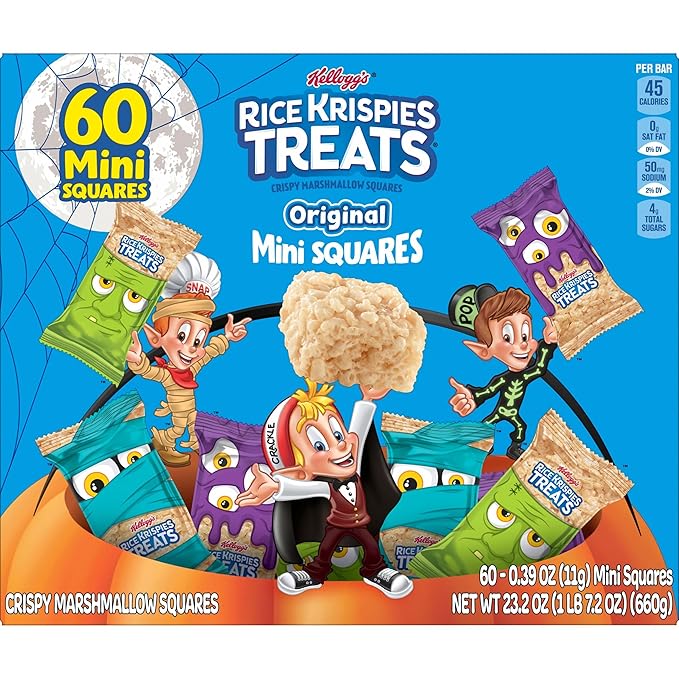 Rice Krispies Treats Crispy Mini Marshmallow Squares, Trick-or-Treat Snacks, Halloween Pack, Original, 23.2oz Box (60 Bars)
