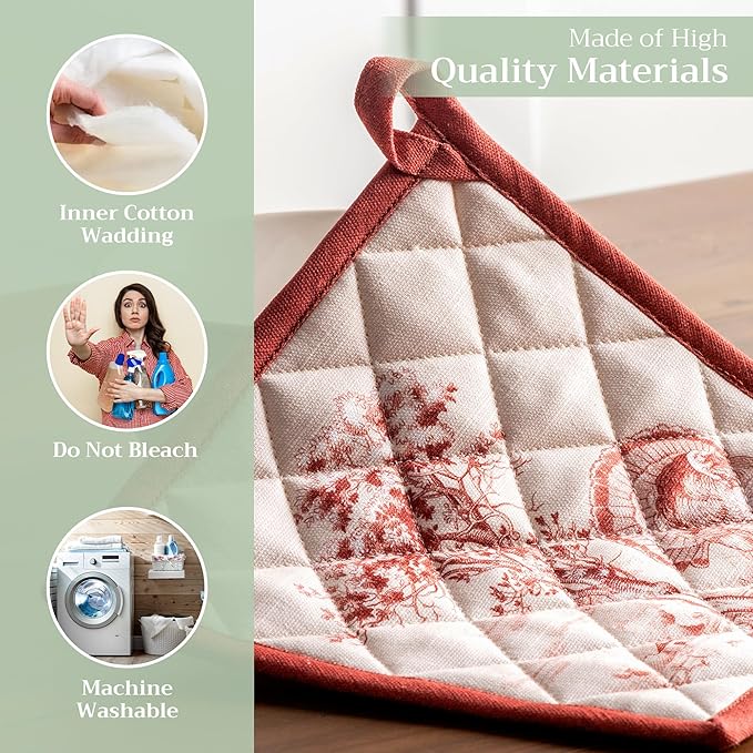 Maison d' Hermine Pot Holders 100% Cotton Heat Resistant Potholders 8" x 8" Hot Pads with Loop BBQ, Cooking, Baking, Grilling, Kitchen, Handling Hot Pans (Pack of 1, Holy Jouy - Red)