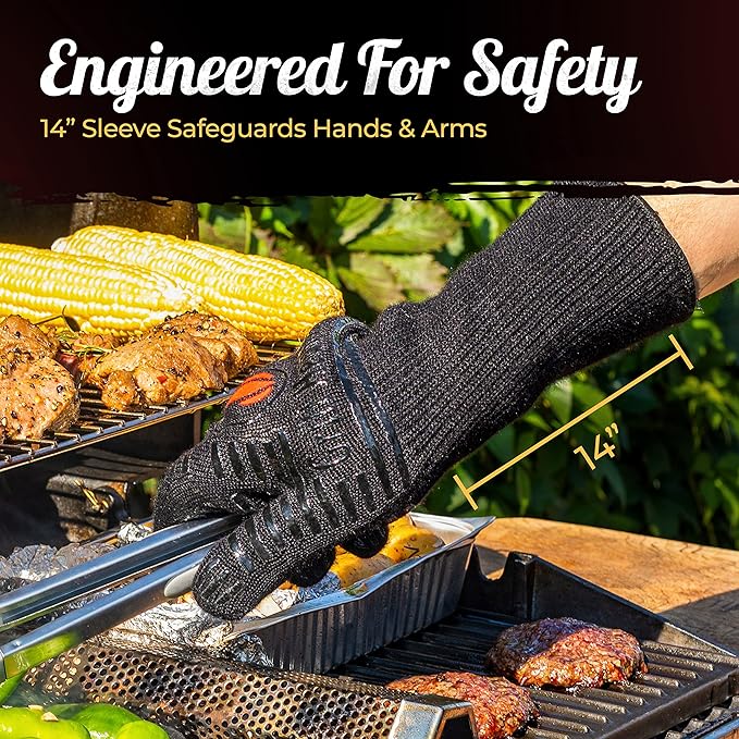 GRILL HEAT AID BBQ Grill Gloves Heat Proof for Grilling – Fireproof 1472°F Heat-Resistant Grill Mitts for Outdoor Barbecue and Smoker, Campfire, Fire Pit, Oven Glove with Fingers for Baking Pizza