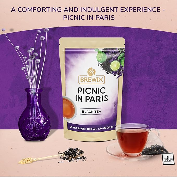 BREWIX, Earl Grey with Lavender Tea, Picnic in Paris Black Tea (25 Pyramid Tea Bags) | Black Tea with Bergamot, Lavender and Vanilla Notes | Gourmet Tea