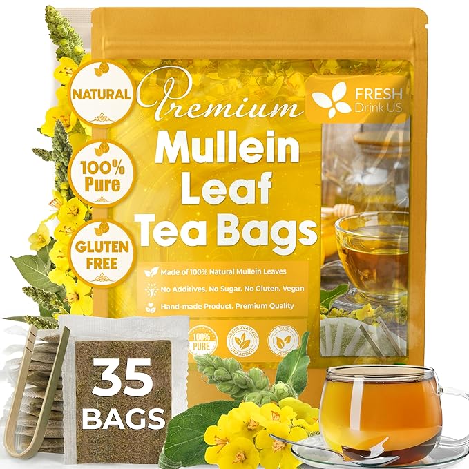 FreshDrinkUS, Premium 35 Mullein Leaf Tea Bags For Lung, 100% Natural & Pure from Mullein Leaves. Loose Leaf Mullein Herbal Tea. Made with Natural Material Tea Bags. No Sugar, No Caffeine, No Gluten, Vegan.