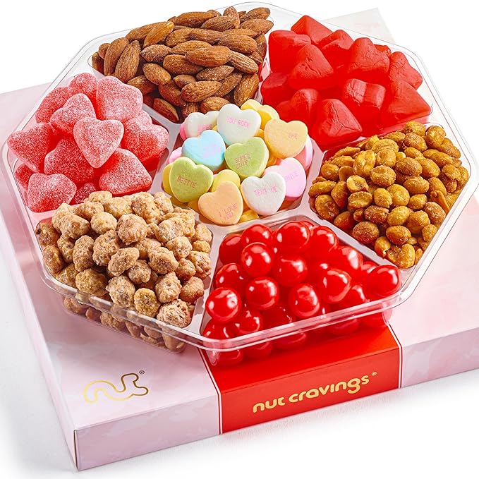 NUT CRAVINGS - Thanksgiving Mixed Nuts & Heart Candy Gift Basket in Red Gold Box (7 Assortments, 1 LB) Holiday Xmas Christmas Food Arrangement, Healthy Snack Care Package