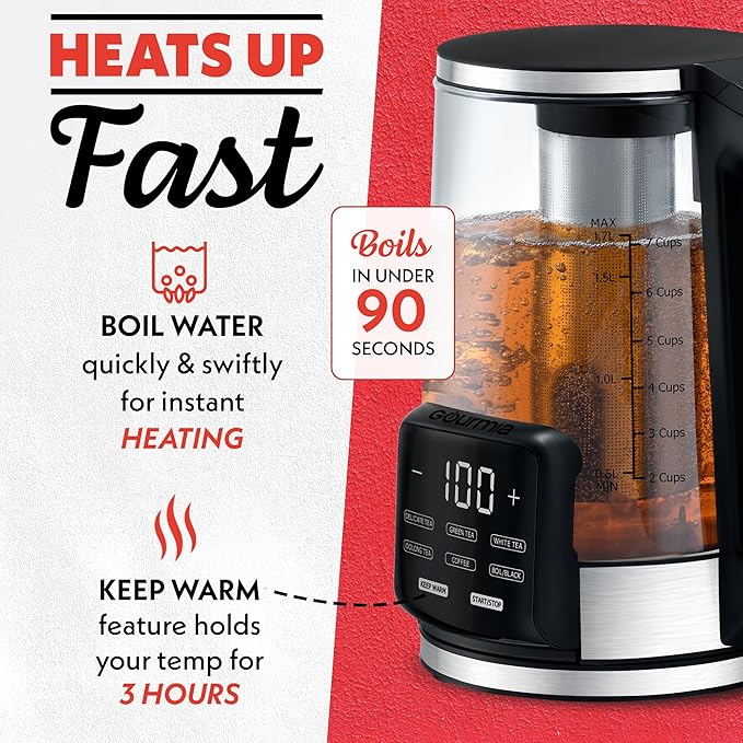 Gourmia Electric Programmable Glass Kettle – 1.7L Temperature Control Tea & Coffee Kettle with Digital Touch Display, 6 Presets, Keep Warm, Removable Stainless Steel Infuser, 360° Swivel Base – White