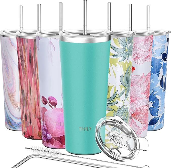 THILY Tumbler Vacuum Insulated Travel Mug 26 oz Coffee Cup with Lids and Straws, Reusable, Splash-Proof, Powder Coated, Keep Ice Drinks Cold, Teal