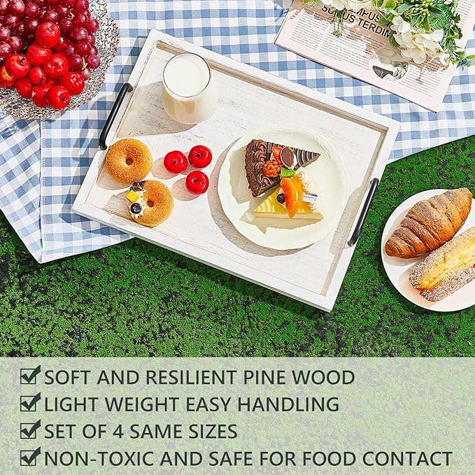 Lallisa 4 Pcs Large Wooden Serving Tray Decorative 15.8 x 11.8 x 1.2 Inch Ottomantray Rustic with Handles Coffee Table Decor Wood Tray Kitchen Platter for Party Tables Breakfast Wedding (White)