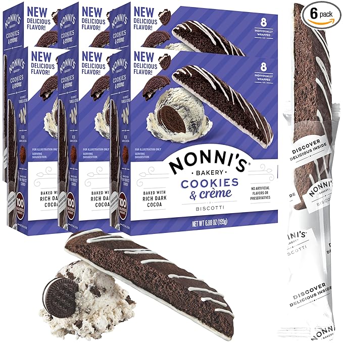 Nonni's Cookies & Crème Biscotti, Rich Dark Cocoa Cookie with Vanilla Icing, 8 Individually Wrapped Bakery Snacks, 6.88 oz, 6 Pack