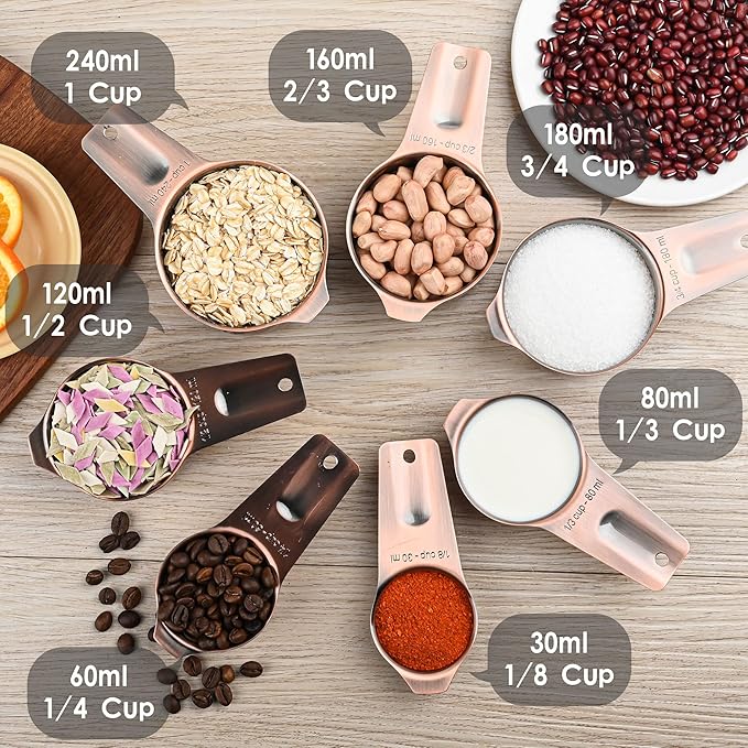 Copper Measuring Cups Set 7, Stainless Steel Set for Kitchen & Baking, Meteor Metric & US Cups With 2/3 & 3/4 Measure for Dry & Liquid Ingredients