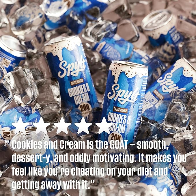 Spylt High Protein Cookies & Cream Milk with 60mg Caffeine & 20g Protein - 90 Calories, Ready to Drink, Sugar Free, Lactose Free Milk, Perfect for Workout Recovery & Afternoon Pick Me Up - 12 Count