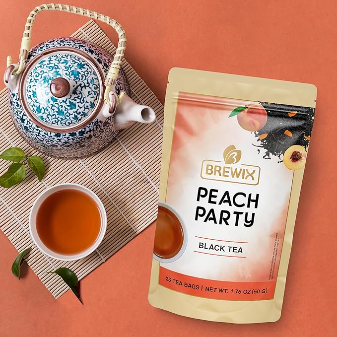 BREWIX, Peach Black Tea (25 Pyramid Bags) | Premium Black Tea with Peach | Floral & Refreshing | Iced or Hot | Caffeinated And Sugar-Free