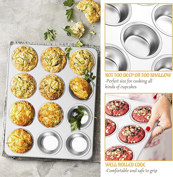 E-far Muffin Pan 12-Cup, Set of 2, Stainless Steel Cupcake Pan Metal Muffin Baking Tins for Oven, Regular Size & Easy Clean, Non-toxic & Dishwasher Safe-2 Pack