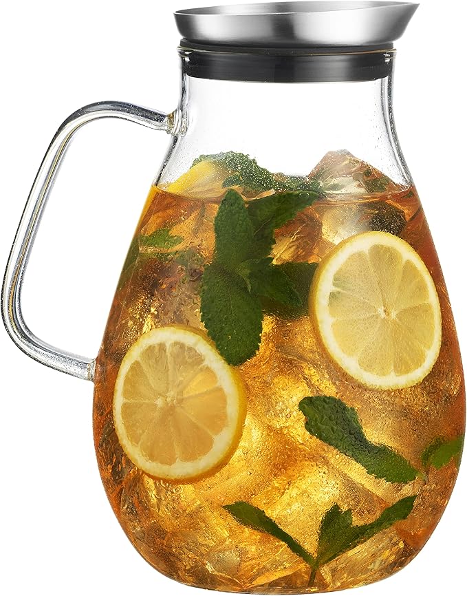 MITBAK 84- OZ Glass Pitcher With Stainless Steel Lid | Beautiful Lightweight Beverage Jug Carafe With A Wide Handle | Great For Cold & Hot Drinks Like Tea, Lemonade, Juice, Water, Coffee, Cold Brew