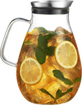 MITBAK 84- OZ Glass Pitcher With Stainless Steel Lid | Beautiful Lightweight Beverage Jug Carafe With A Wide Handle | Great For Cold & Hot Drinks Like Tea, Lemonade, Juice, Water, Coffee, Cold Brew