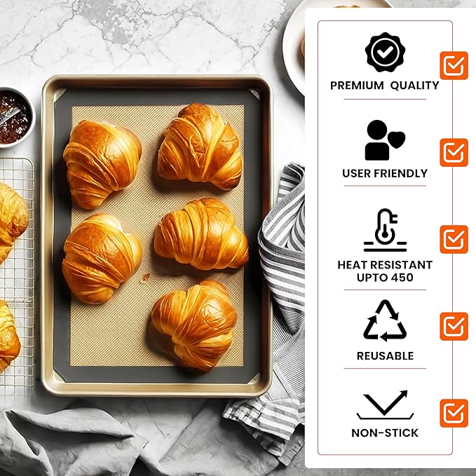 Silicone Baking Mats Half Sheet Non Stick for Oven Reusable 4 Pack - Thick Heavy Duty Silicone Baking Mat Cookie Sheet 1/2 Size for Macaron & Pastry - Half Size Rectangular Cooking Oven Liner Pad