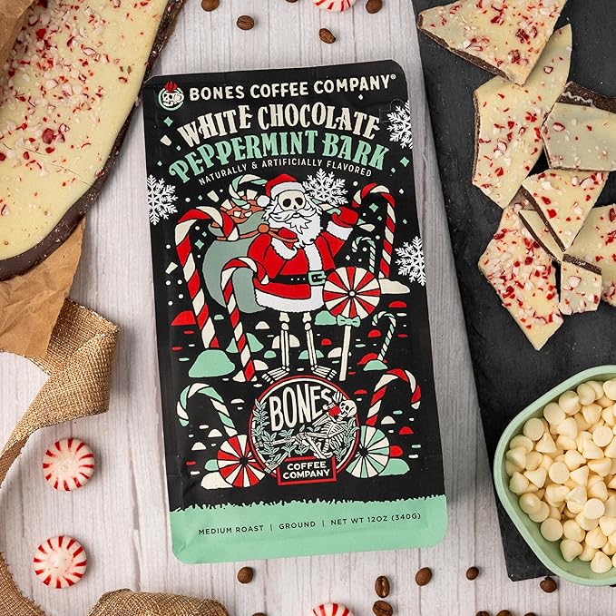 Bones Coffee Company White Chocolate Peppermint Bark Flavored Coffee, Medium Roast Low Acid Arabica Beans Compatible with Auto drip and French Press Coffee Maker, 12 Oz Whole Bean