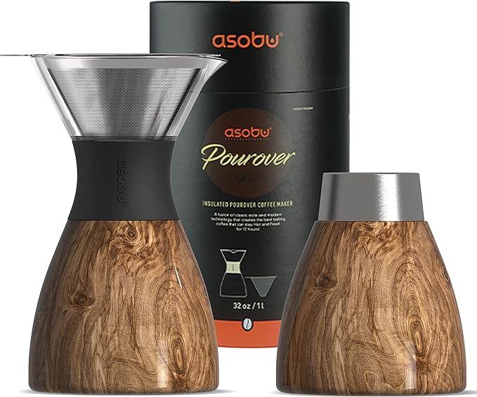 asobu Insulated Pour Over Coffee Maker (32 oz.) Double-Wall Vacuum, Stainless-Steel Filter and Take on the Go Carafe (Wood)