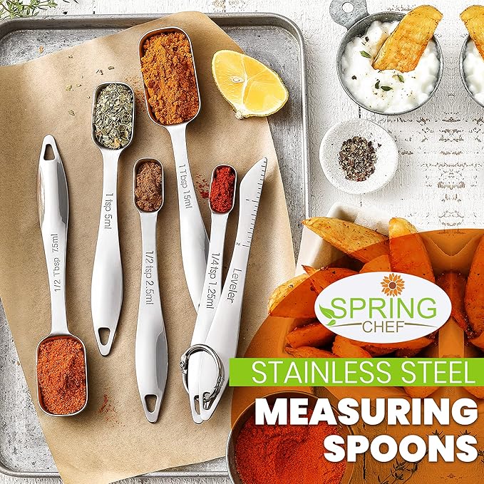 Spring Chef Stainless Steel Measuring Spoons Set of 6 with Leveler, Rectangular Metal Teaspoon & Tablespoon Measuring Spoons for Dry & Liquid Ingredients - Nesting Kitchen Gadgets For Baking & Cooking