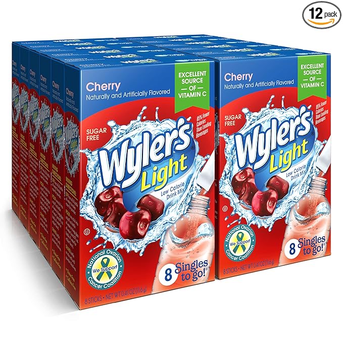 Wyler's Light Singles To Go Powder Packets, Water Drink Mix, Cherry, 96 Single Servings (Pack of 12)