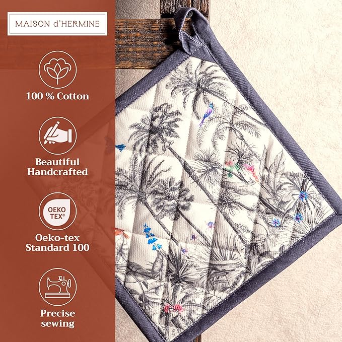 Maison d' Hermine Pot Holders Set 100% Cotton Heat Resistant Potholders 8" x 8" Hot Pads with Loop BBQ, Cooking, Baking, Grilling, Kitchen, Handling Hot Pans (Pack of 2, Amazonia)