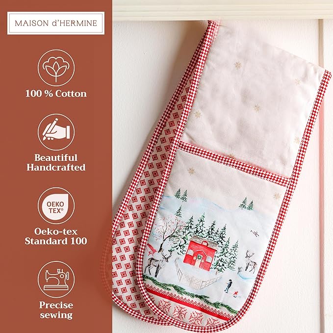 Maison d' Hermine Double Oven Mitts 100% Cotton 7"x35" Double Oven Mitt Heat Resistant BBQ Cooking Gloves with Loop, Baking, Grilling, Home, Kitchen, Handling Hot Pans (Rural Christmas)