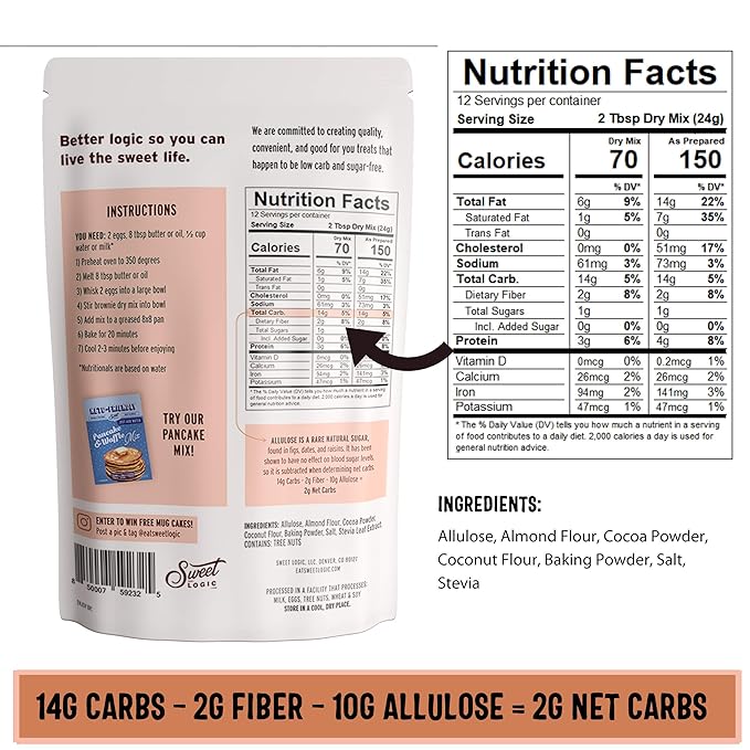 Sweet Logic Keto Baking Mix - Fudge Brownie - Gluten-Free - Dairy Free - Diabetic-Friendly - High Protein - Allulose - Stevia - Low Sugar - Low Carb - Quick 20-Minute Prep (1-2G Carbs Per Serving)