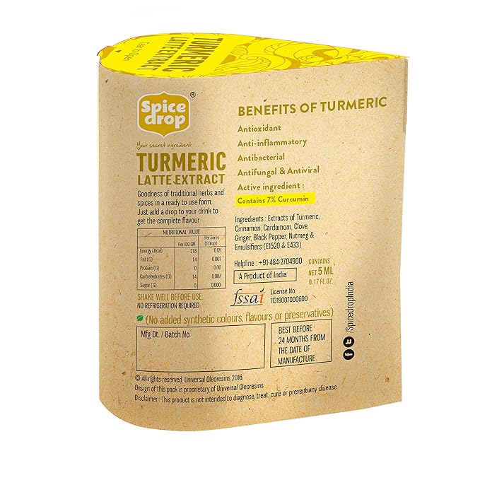 Spice Drop Turmeric Tea Latte Extract | Healthy Mix Immunity Drink | Made With Turmeric, Black Pepper, Nutmeg, Cardamom, Cinnamon, Ginger, Clove | No Added Colors, Preservatives | Pack Of 1 | 0.17 oz
